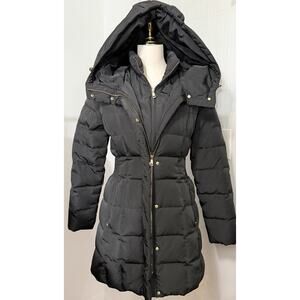 Cole Haan Black Taffeta Down Winter Coat Parka Bib Front Dramatic Hood Sz Small